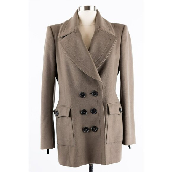 $2,450 Burberry Cashmere Blend Pocket Pea Coat SZ 44/10 US Olive Brown